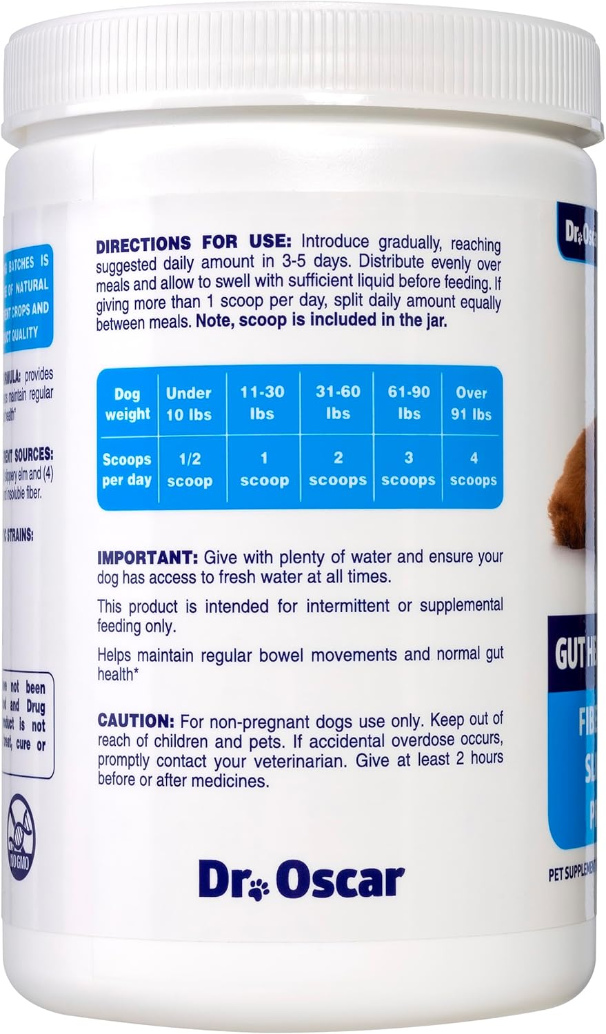 Dr. Oscar Gut Health for Dogs, Fiber for Dogs, Slippery Elm, Probiotics for Digestive Health, Psyllium Husk, Helps Maintain Regular Bowel Movement & Stool Quality, Powder 12.7 OZ, 360 Grams, 90 Scoops