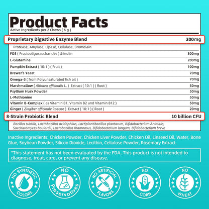 Probiotics for Dogs, Digestive Enzymes & Pumpkin Fiber for Gut Health and Bowel Support, Dog Supplement for Gas Relief & Constipation, 10B CFU with 5 Prebiotics & 5 Enzymes, 90 Count Chicken Flavor
