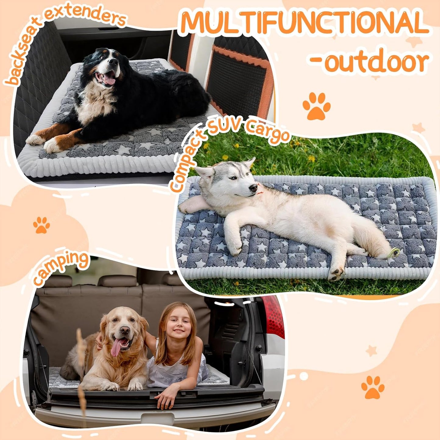 Nuanchu Backseat Dog Bed Mat for Car Non-Slip Pet Seat Cover with Star Pattern, Washable Travel Blanket for Cars Suvs Trucks (Grey & White, 24"x53")