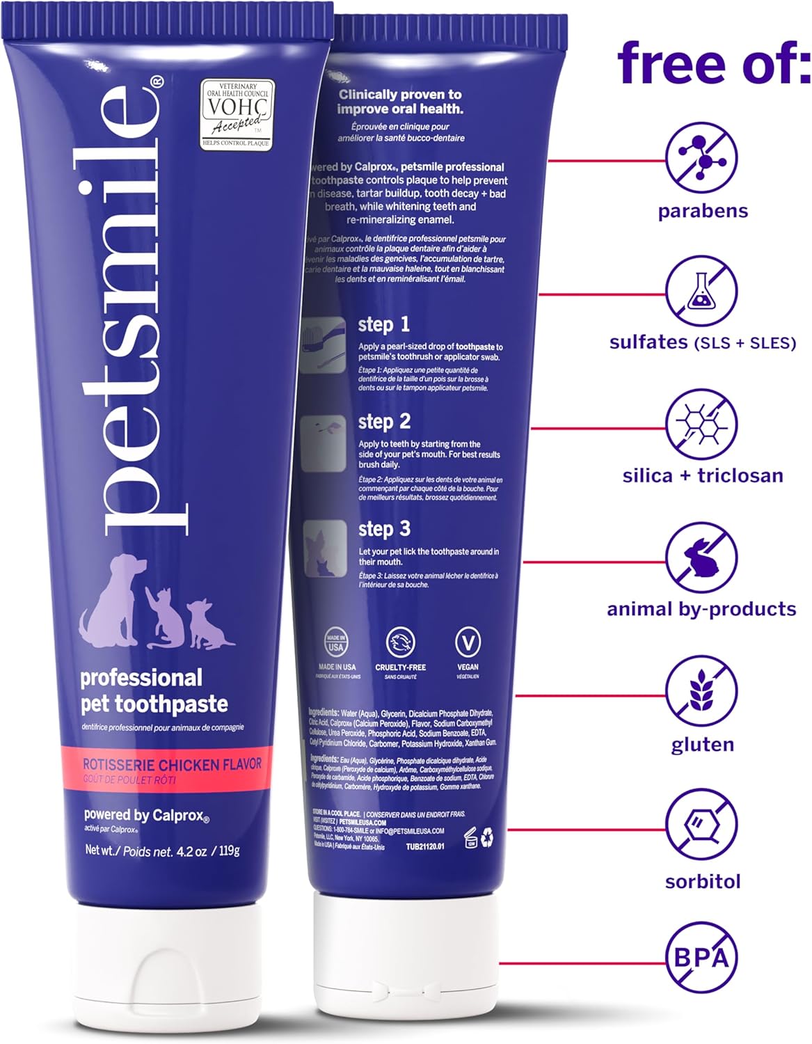 Petsmile Professional Pet Toothpaste for Cats & Dogs - Only VOHC Accepted Toothpaste - Clinically Proven to Control Plaque & Tartar Calprox Formula (Rotisserie Chicken, 4.2 Oz)