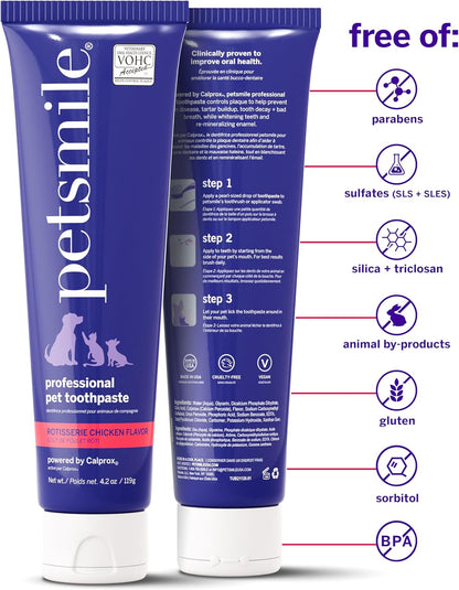 Petsmile Professional Pet Toothpaste for Cats & Dogs - Only VOHC Accepted Toothpaste - Clinically Proven to Control Plaque & Tartar Calprox Formula (Rotisserie Chicken, 4.2 Oz)
