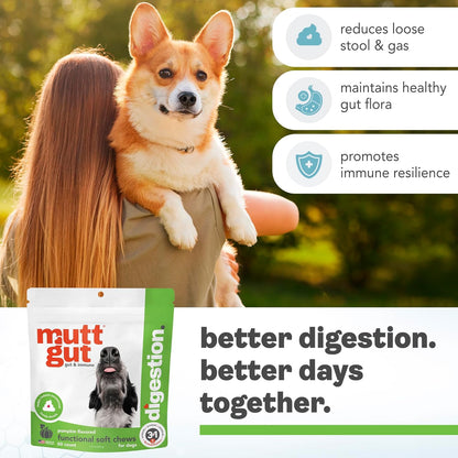 MuttGut® 3-in-1 Puppy & Dog Probiotics + Prebiotics + Postbiotics Chews - Promotes Digestive Health, Supports Immune System and Overall Health - Dog Diarrhea Relief & Immune Support - 60 Soft Chews