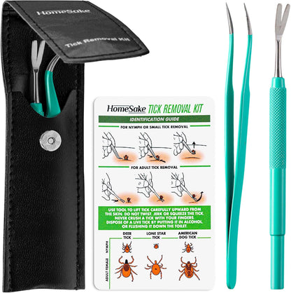 Homesake Tick Remover Tool & Tweezer Set for Dogs, Cats & Humans – Stainless Steel Tick Removal Kit with Storage Pouch & Free Tick ID Card – Safe & Effective Tick Puller