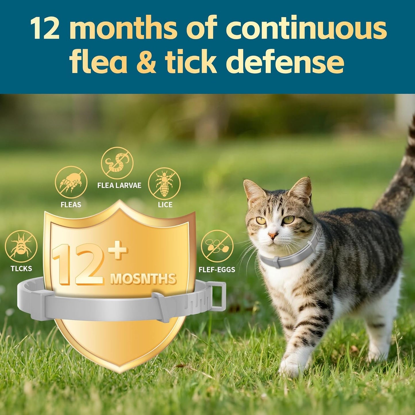Flea and Tick Collar for Cats – 12-Month Protection – Adjustable & Waterproof – Safe, Long-Lasting Repellent for Fleas, Ticks, Lice & Mosquitoes – Fits Small, Medium & Large Cats 4pack