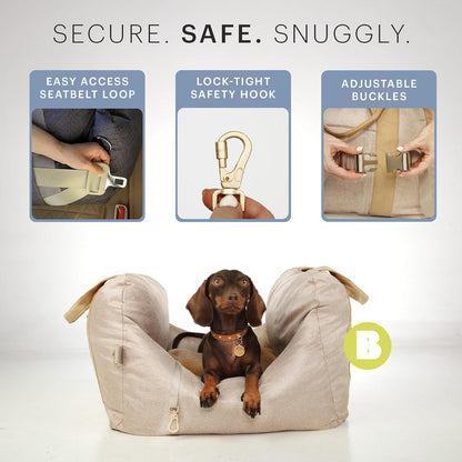 Bonnie Beds Dog Car Seat for Small Dogs – Comfortable & Secure Travel Dog Bed with Safety Leash – Adjustable Booster Seat for Yorkie, Pomeranian & More (Beige)