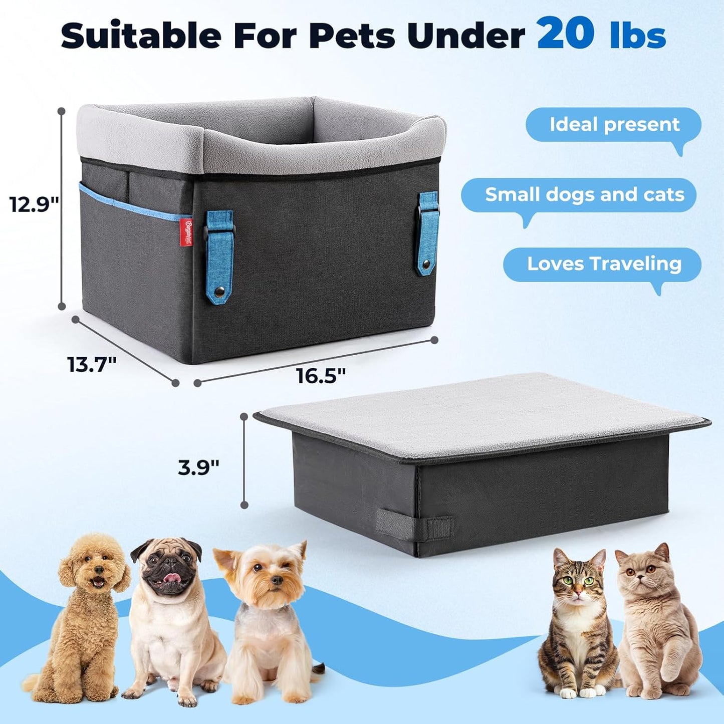 BurgeonNest Dog Car Seat for Small Dogs, Cozy Dog Booster Car Seat with Unique Safety Buckles,Puppy Carseat Covered with Double-Thick Plush, with Clip-on Leash Suitable for Small Pets Up to 20lbs