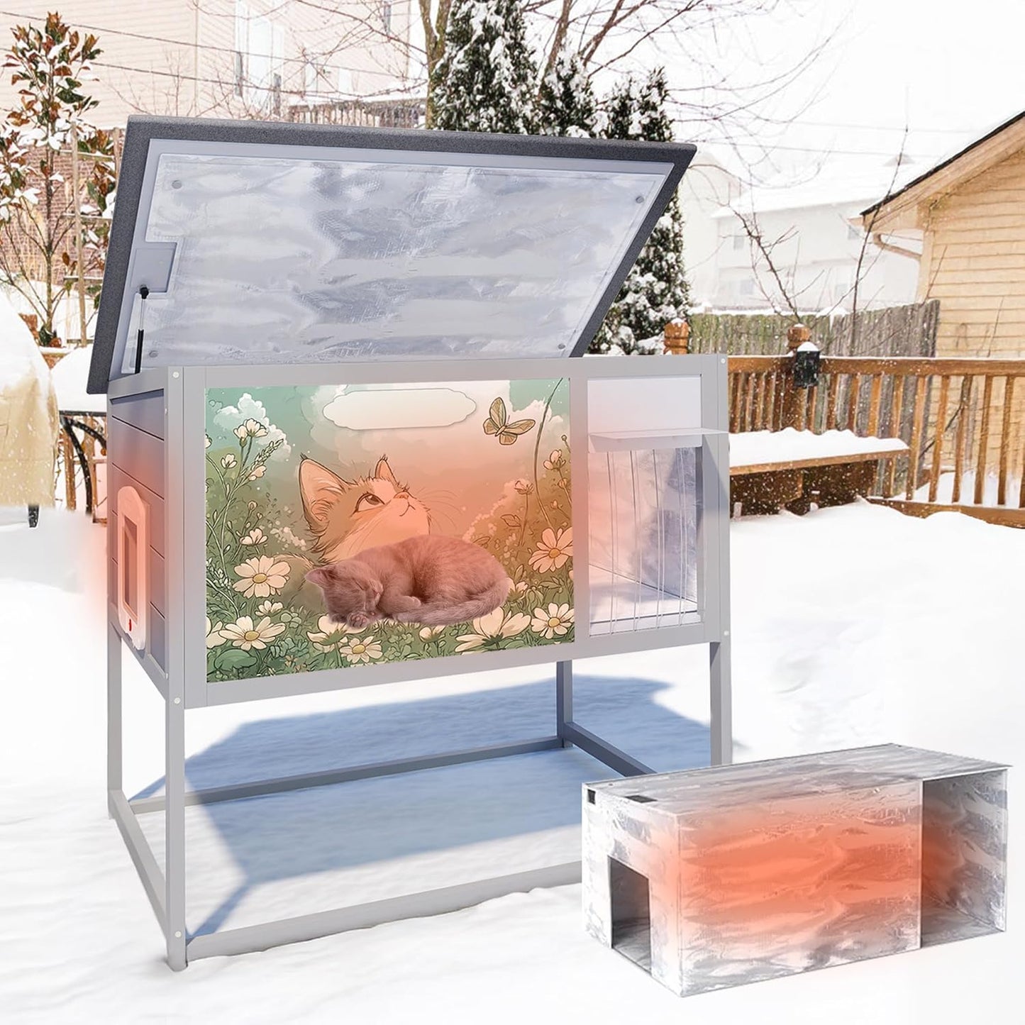 Insulated Warm Outdoor Cat House & Condos, Raised Weatherproof Kitten Shelter for Outside with All-Round Foam, Feral Cat Wooden Enclosure for Small Medium