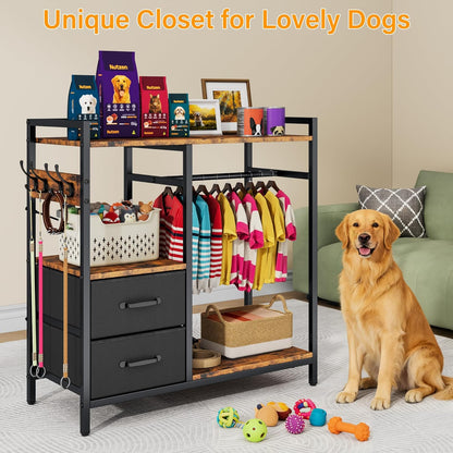 kepptory Dog Closet with Drawers & 4 Hooks, Freestanding Pet Garment Rack for Dog Clothes & Cat Accessories, Pet Supply Storage Organizer, Metal Frame Industrial Style