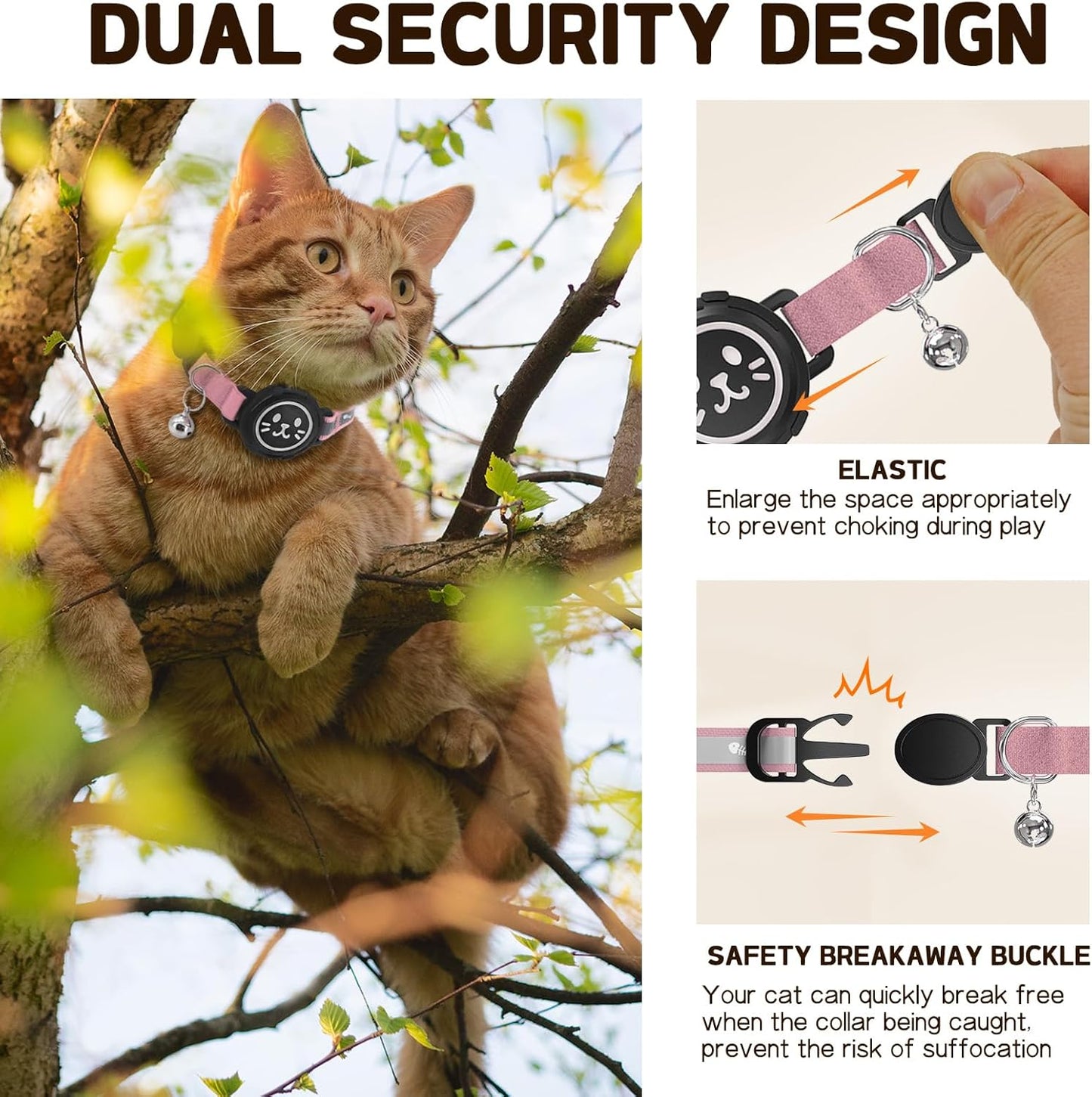 AirTag Cat Collar Non Breakaway, Reflective GPS Cat Collar Adjustable with Bell and Safety Elastic Strap for Kittens, Lightweight Cat Airtag Collar for Girl Boy Cats(Pink, L)