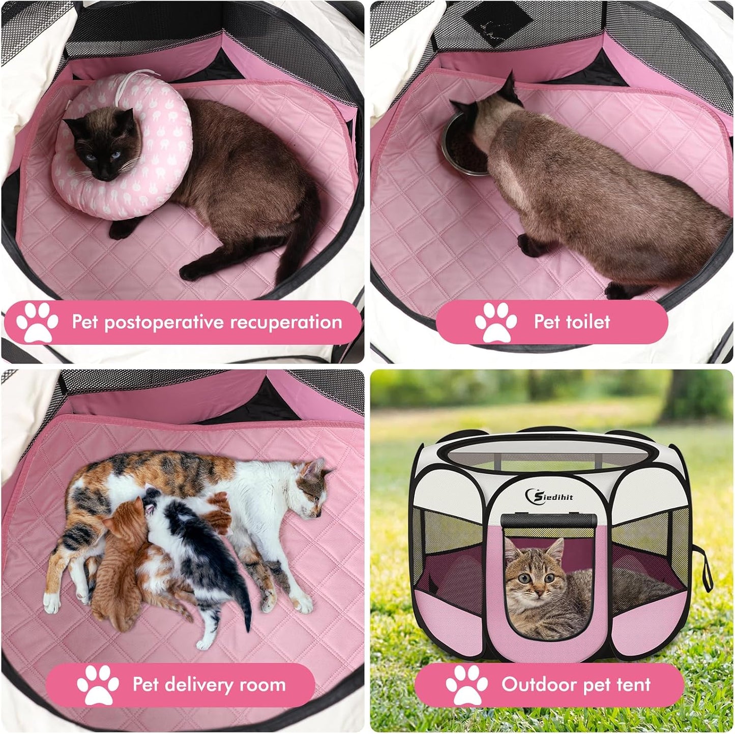 Dog Cat Playpen, Puppy Pet Playpen Indoor for Small Dog Crate Tent Cage Outdoor, Portable Pop Up Dogs Enclosure Kennel with Carrying Case for Dogs/Cats/Rabbits(Pink, Small with pad)
