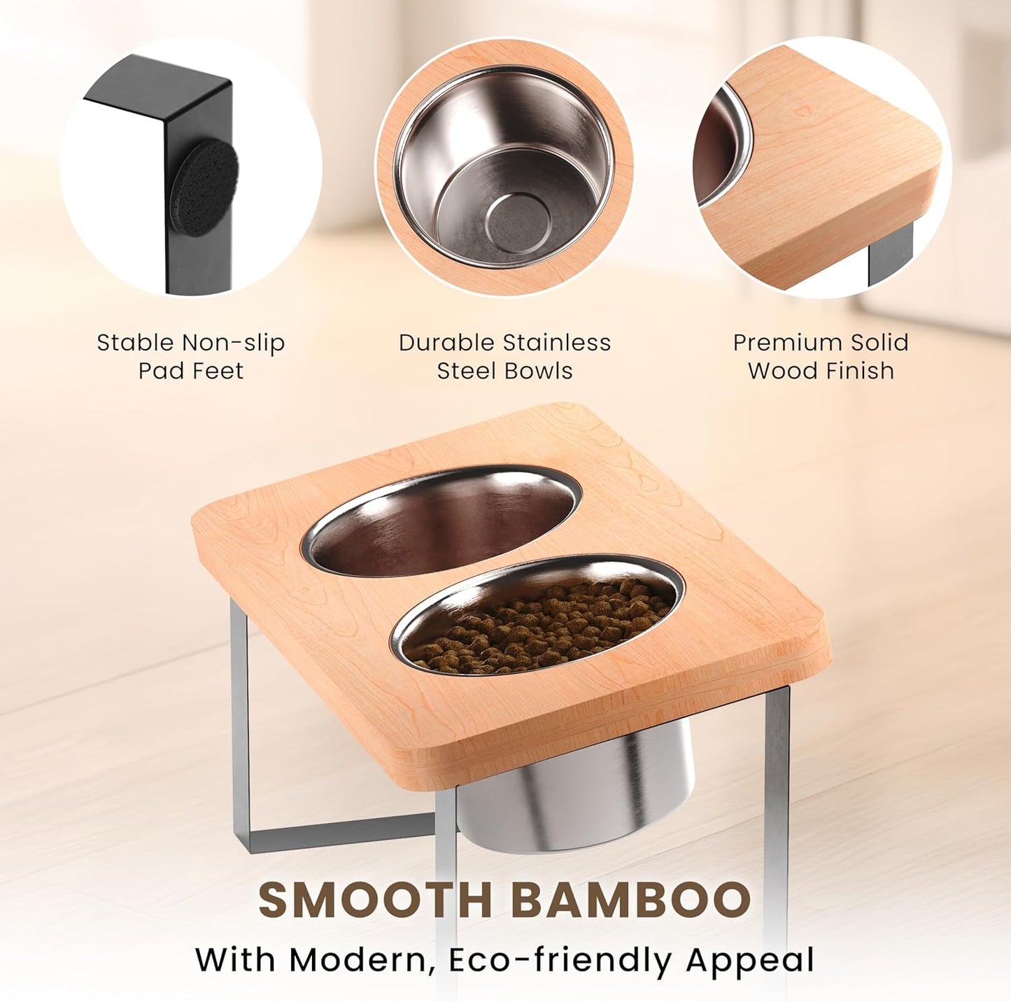 15.9" Tall Elevated Dog Bowls - Ergonomic Stainless Steel Dog Bowls with 10° Tilt in Acacia Wood Stand for Medium Breed