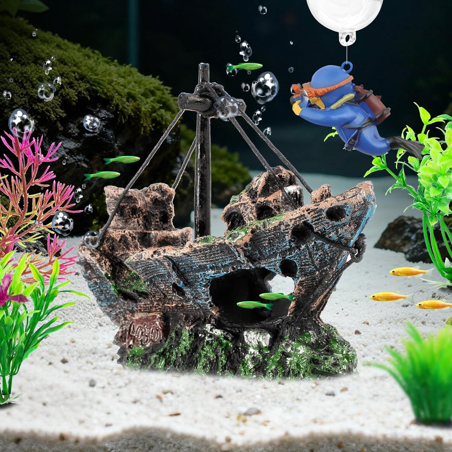 6 Pcs Aquarium Decor Set Shipwreck Decoration Little Diver Floating Fish Tank Decoration Fish Tank Plants