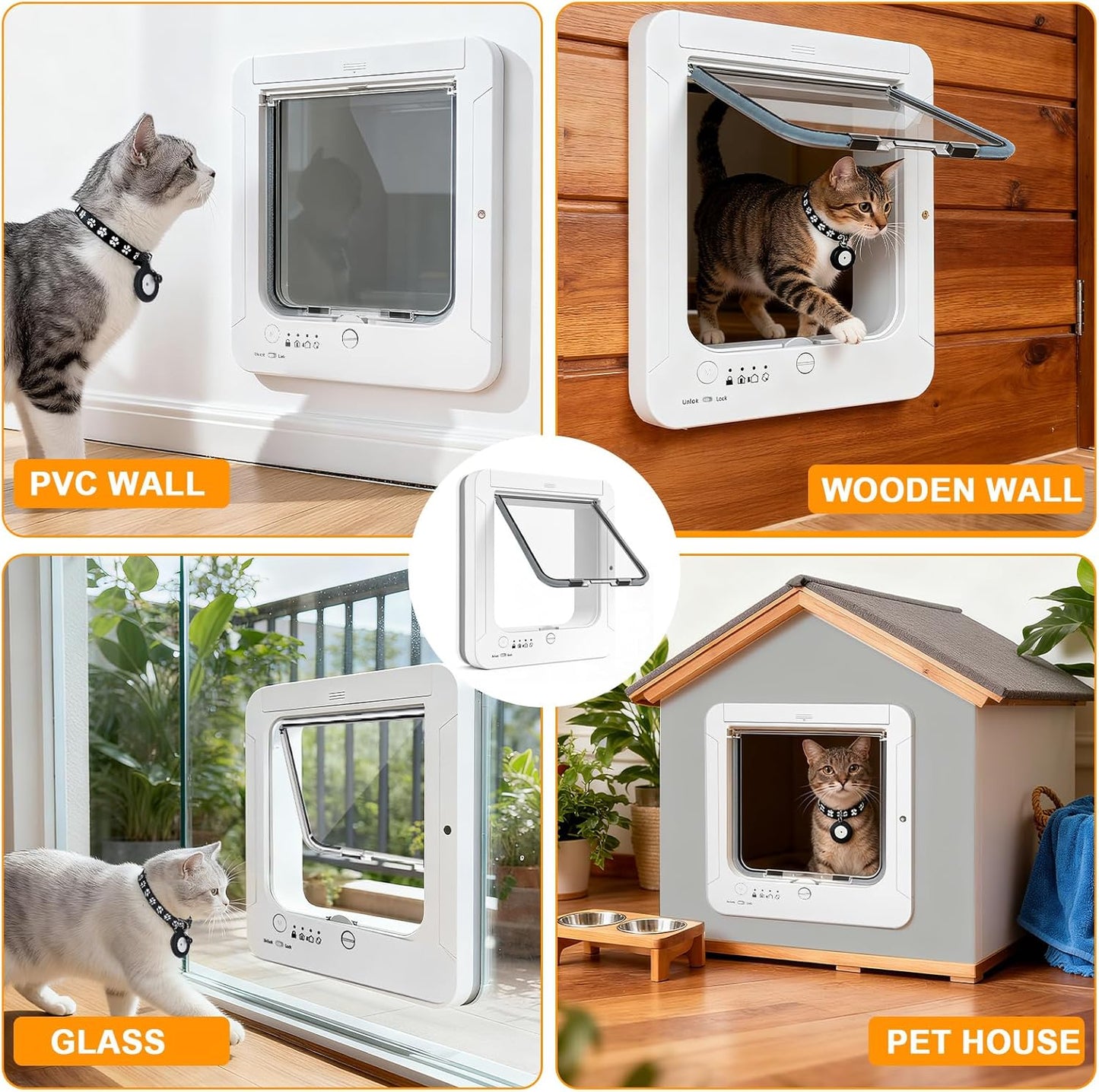 Smart Cat Door for Interior & Exterior, RFID Cat Pet Door with 3 Collar Sensor Keys & 1 Remote Control & 4 Way Locking Cat Flap with Collar Sensors Activated Opening CatDoor (White)