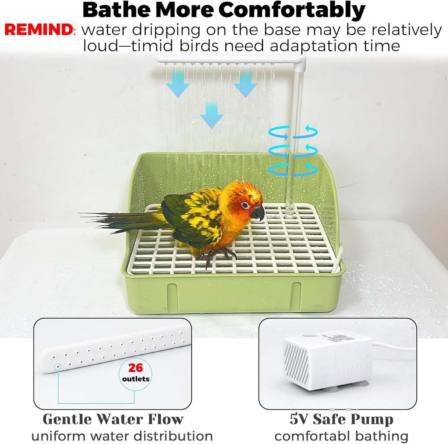Automatic Parakeet Bird Bath with Pump, Large Bird Shower Fountain Indoor Bathtub with Running Water, Parrot Bath Tub Faucet for Pet Birds, African Grey, Cockatiel, Conure, Budgie, Lovebird
