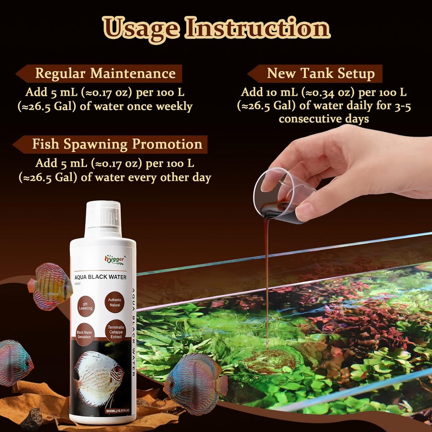 hygger Blackwater Aquarium Conditioner with Natural Olive Leaf Extract, Humic & Tannins, Regulate pH Value Soften Water Create Tropical Biotope Black Water Environment for Freshwater Aquarium (500ML)