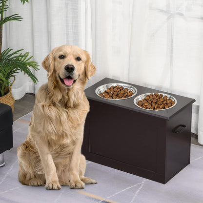 GREAZ Raised Pet Feeding Storage Station for Large Dogs, Improve Comfort and Convenience, with 2 Stainless Steel Bowls, Dark Brown Design