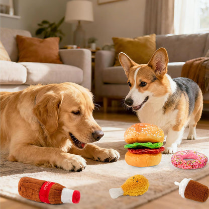Large Dog Toy Set, 5-Pack Stuffed Dog Chew Toys, Durable Plush Dog Toy, Dogs Squeaky Toys for All Breed(Hamburger Series)