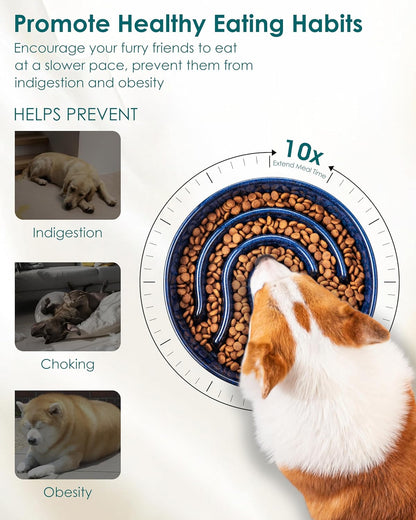 vancasso Slow Feeder Dog Bowl, 1.5 Cup Ceramic Slow Feeding Food Dish for Small and Medium Breed, Puzzle Dog Food Bowl for Fast Eater, Blue