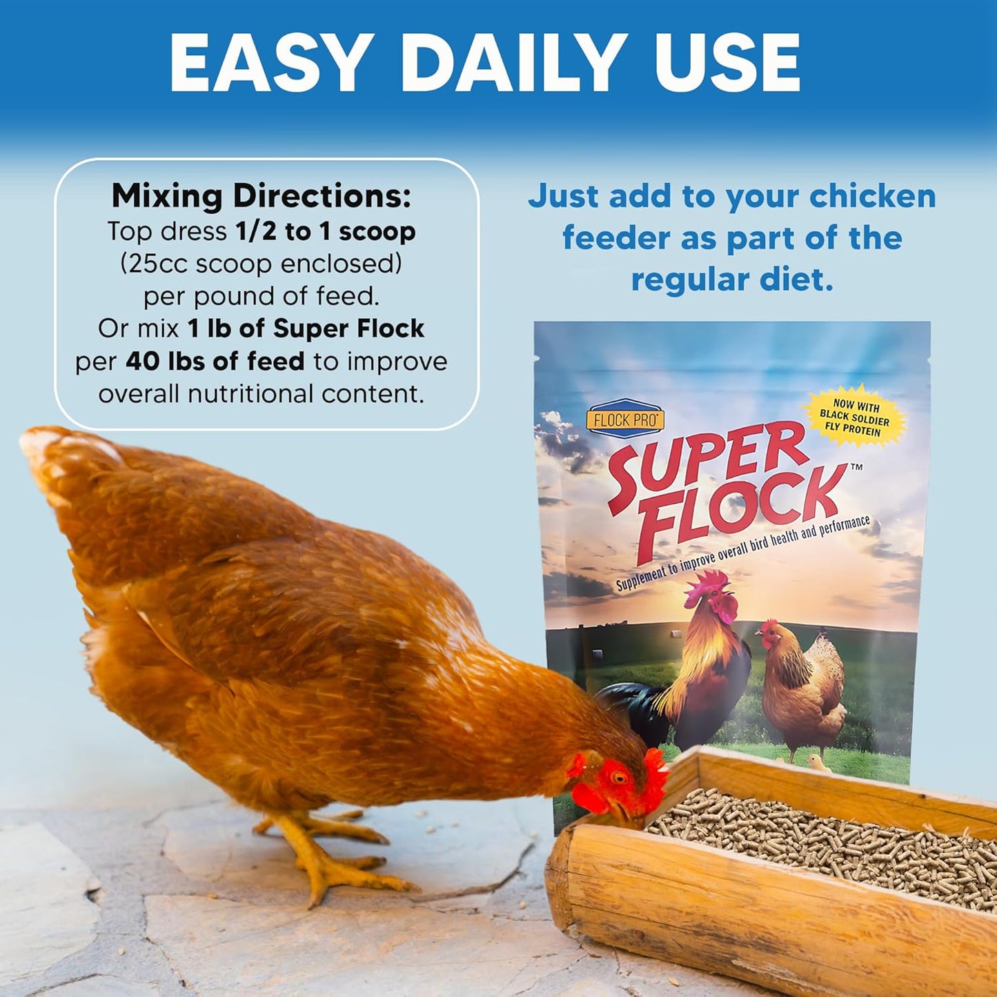 Super Flock Premium Pellet Chicken Supplement Boost Health & Egg Quality with Vitamins, Probiotics, Minerals, Chicken Supplies (1 lb)