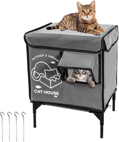 Cat House Outdoor, Indestructible Elevated Feral Cat Shelter Weatherproof with Escape Door,Outside Waterproof Insulated Strayed Cat House for Winter(Gray)