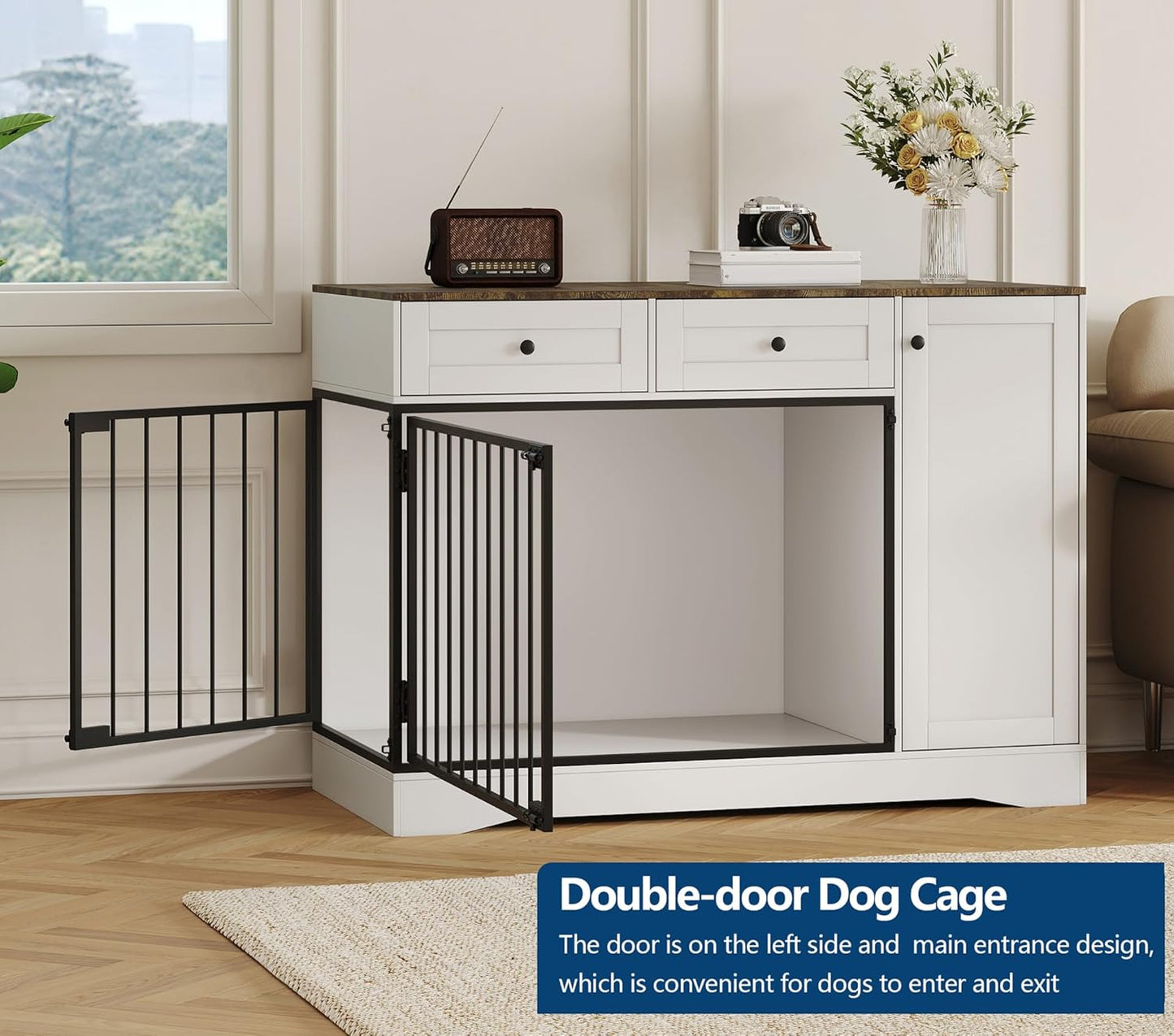 Farmhouse Dog Crate Furniture 47" – Modern Indoor Kennel with Double Doors, TV Stand & Buffet Cabinet, Dog Cage Side Table with 2 Drawers & Storage for Small & Medium Dogs