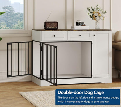 Farmhouse Dog Crate Furniture 47" – Modern Indoor Kennel with Double Doors, TV Stand & Buffet Cabinet, Dog Cage Side Table with 2 Drawers & Storage for Small & Medium Dogs