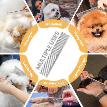 7.5 Inch Professional Solid Brass Stainless Steel Pet Dog Cat Grooming Comb,Wide & Dense Teeth for Removing Tangles, Knots,Undercoat,Excess Hair, Rounded Corners Design for Safe,Metal Dematting Tool