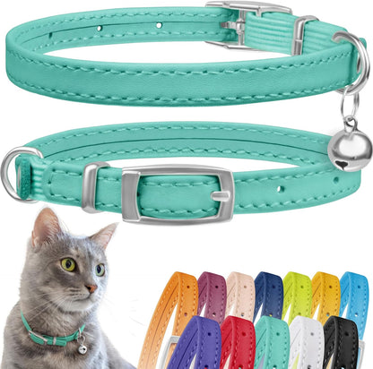 CollarDirect Leather Cat Collar with Bell - Kitten Collar, Small and Big Cat Collar for Boy Cats, Girl Cats with Safety Elastic Strap (Neck Fit 8"-11", Mint Green)