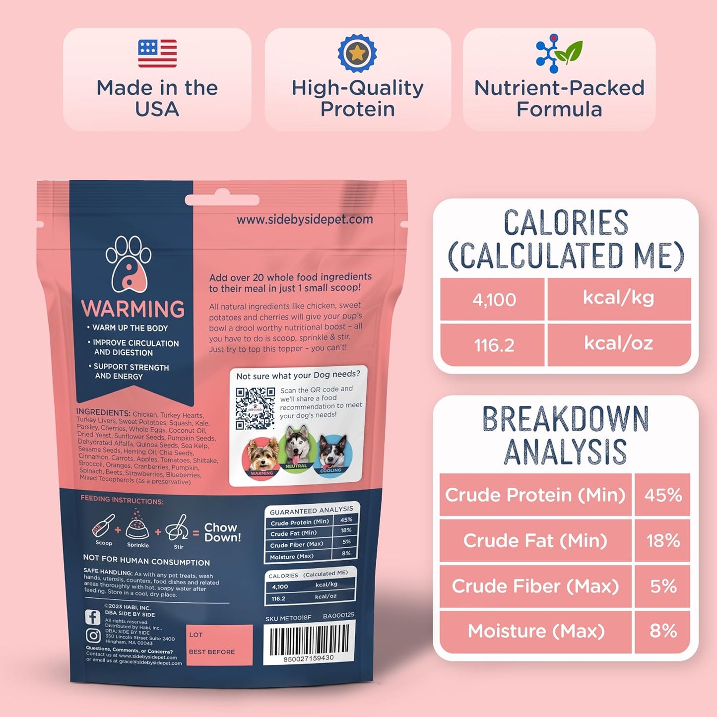 Side by Side Chicken Bowl Booster - Warming Freeze-Dried Dog Food Topper for All Breeds - Made with Nutrients & Whole Raw Foods Toppers for Dogs - No Artificial Additives or Fillers (4 oz, 2-Pack)