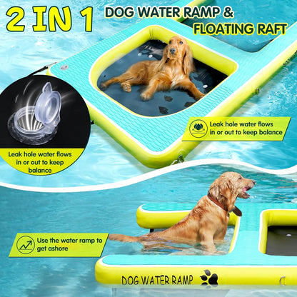 2 in 1 Dog Pool Float & Water Ramp,Upgrated Inflatable Dog Boat Ramp,63" Lx47 W Floating Dock for Medium Large Dog Up to 180LBS,Non-Slip(EVA) for Safety,High Stability,Ladder for Boat,Lake