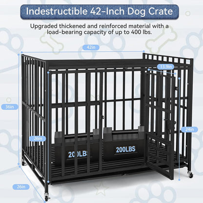 42Inch Heavy Duty Dog Crate, Indestructible & Escape-Proof Steel Kennel for Large High-Anxiety Dogs, with 3 Door, 4 Lockable Wheels, Reinforced Baseplate & 2 Removable Tray (42)