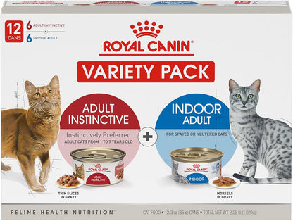 Royal Canin Feline Health Nutrition Indoor Adult & Adult Instinctive Thin Slices in Gravy and Morsels in Gravy Variety Pack Cat Food, 3 oz (Pack of 12)