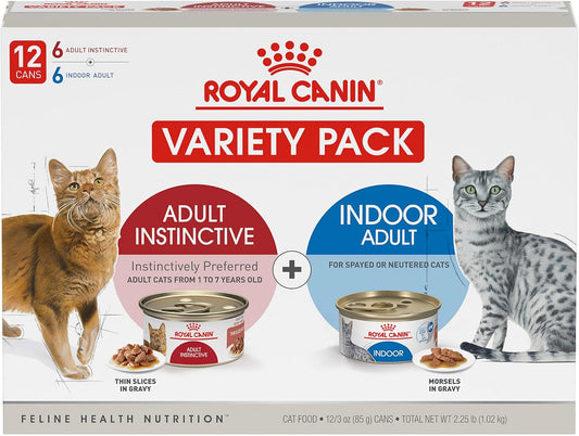 Royal Canin Feline Health Nutrition Indoor Adult & Adult Instinctive Thin Slices in Gravy and Morsels in Gravy Variety Pack Cat Food, 3 oz (Pack of 12)