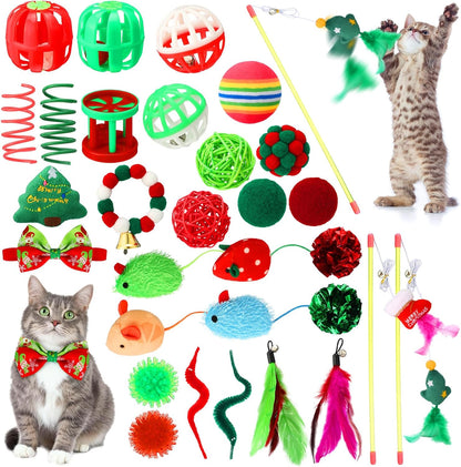 30 Pcs Assorted Christmas Cat Toy Interactive Gifts with Wand Collar Rattan Ball Christmas Bell Mouse Caterpillar Kitten Play Toy Stuff Indoor Outdoor