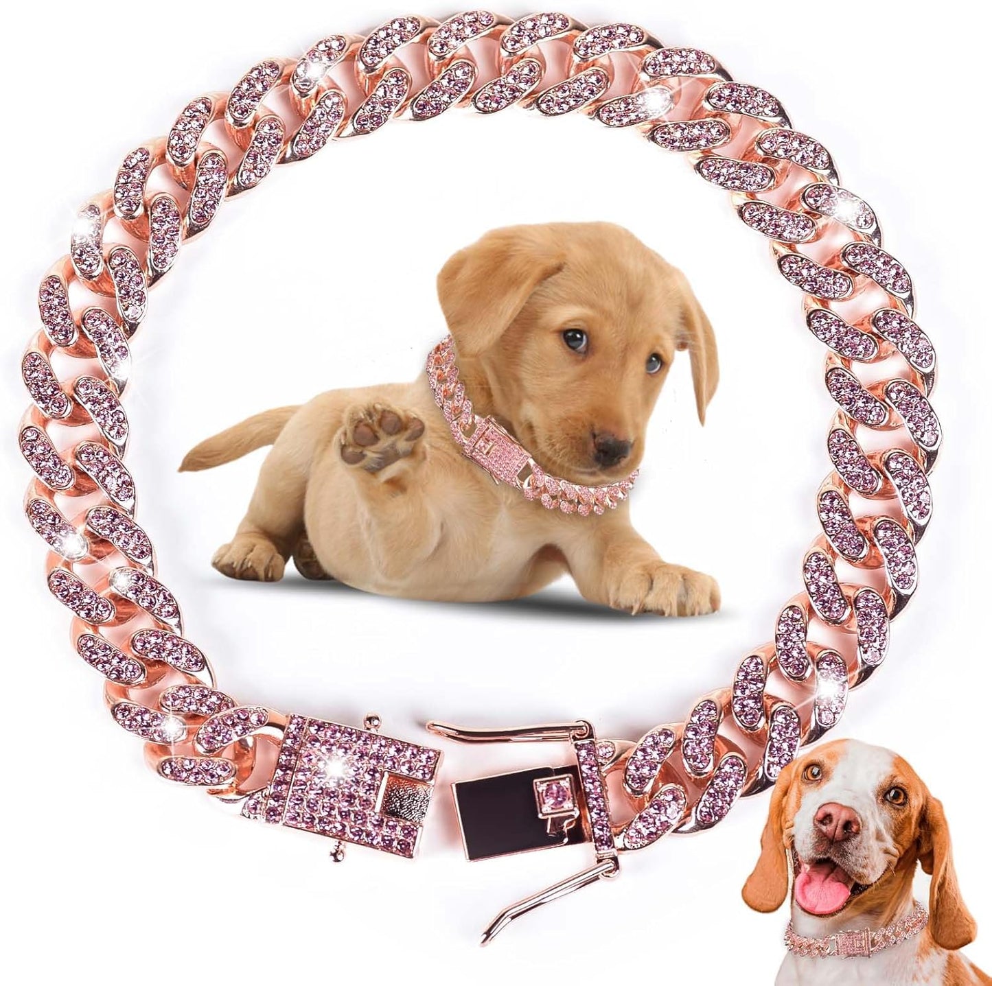 Dog Chain Collar Diamond Link Dog Collar Walking Dog Necklace Metal Cat Chain with Secure Buckle Pet Crystal Collar for Small Medium Large Dogs Cats (Pink, 18 Inch)