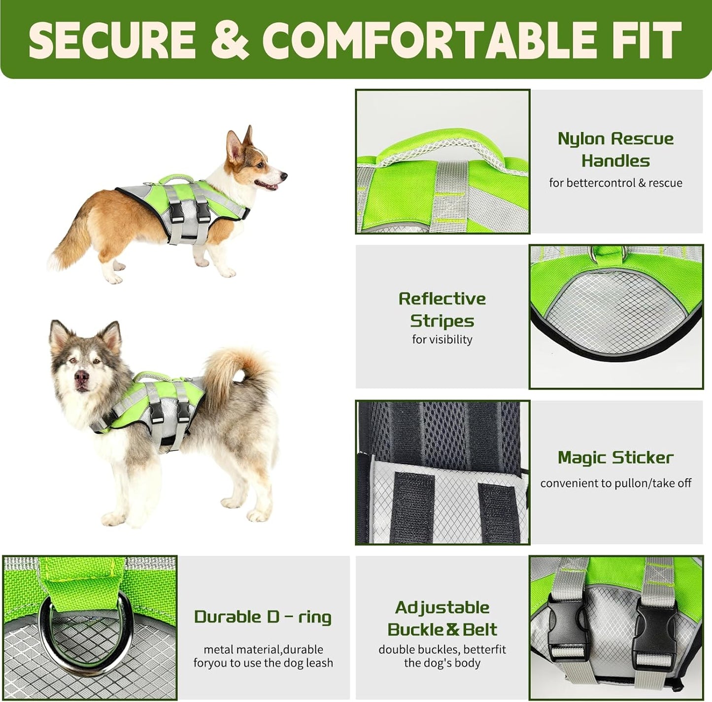 Dog Life Jacket with Reflective Stripes, Adjustable Pet Life Vest M for Swimming, Dog Life Jacket, Doggy Life Jackets, High Buoyancy &Visibility for Most Dogs