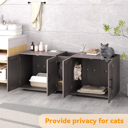 Garvee Cat Litter Box Enclosure for 2 Cats, 55" Hiddden Litter Box Enclosure Furniture 3-in-1 Wooden Litter Cabinet with Barn Door & Double Rooms for Bedroom Living Room,Walnut
