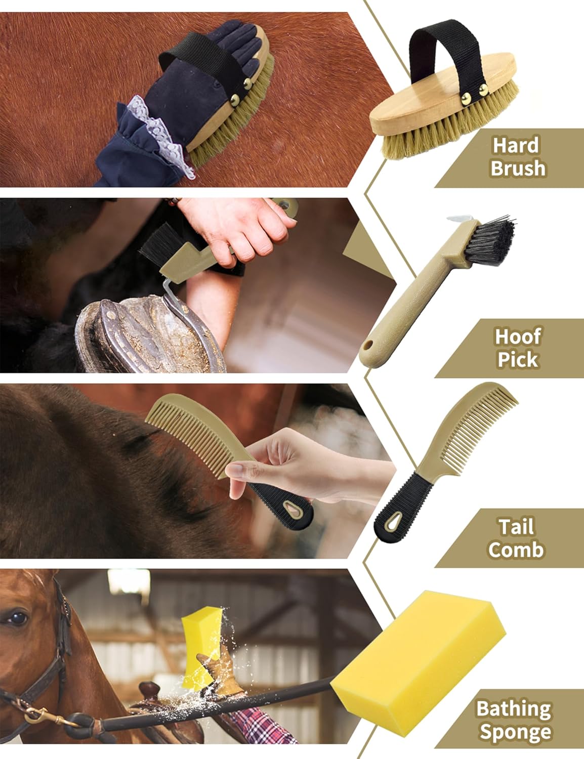 Professional 10 Pieces Horse Grooming Kit with Tote Bag, Horse Brush & Curry Comb Set for Effective Grooming and Bathing, Equine Coat Care Tack Room Supplies, Horse Gifts for Girls