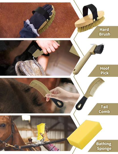 Professional 10 Pieces Horse Grooming Kit with Tote Bag, Horse Brush & Curry Comb Set for Effective Grooming and Bathing, Equine Coat Care Tack Room Supplies, Horse Gifts for Girls