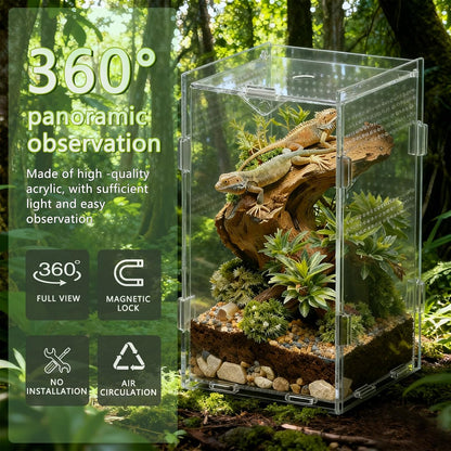 Acrylic Jumping Spider Enclosure Starter Kit-Small Reptile，Insect Terrarium & Spider Tank,Magnetic Door, All-Side Vent, Pre-Assembled for Spiderling,Mantis,Tarantula, Snail, (7.8 * 4.7 * 4.7)