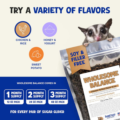 Wholesome Balance Food - Complete Nutrition with High Animal Protein, Calcium, Vitamins & Minerals, Premium Dense Food for Sugar Gliders & Small Animals - Chicken & Rice, 12 oz