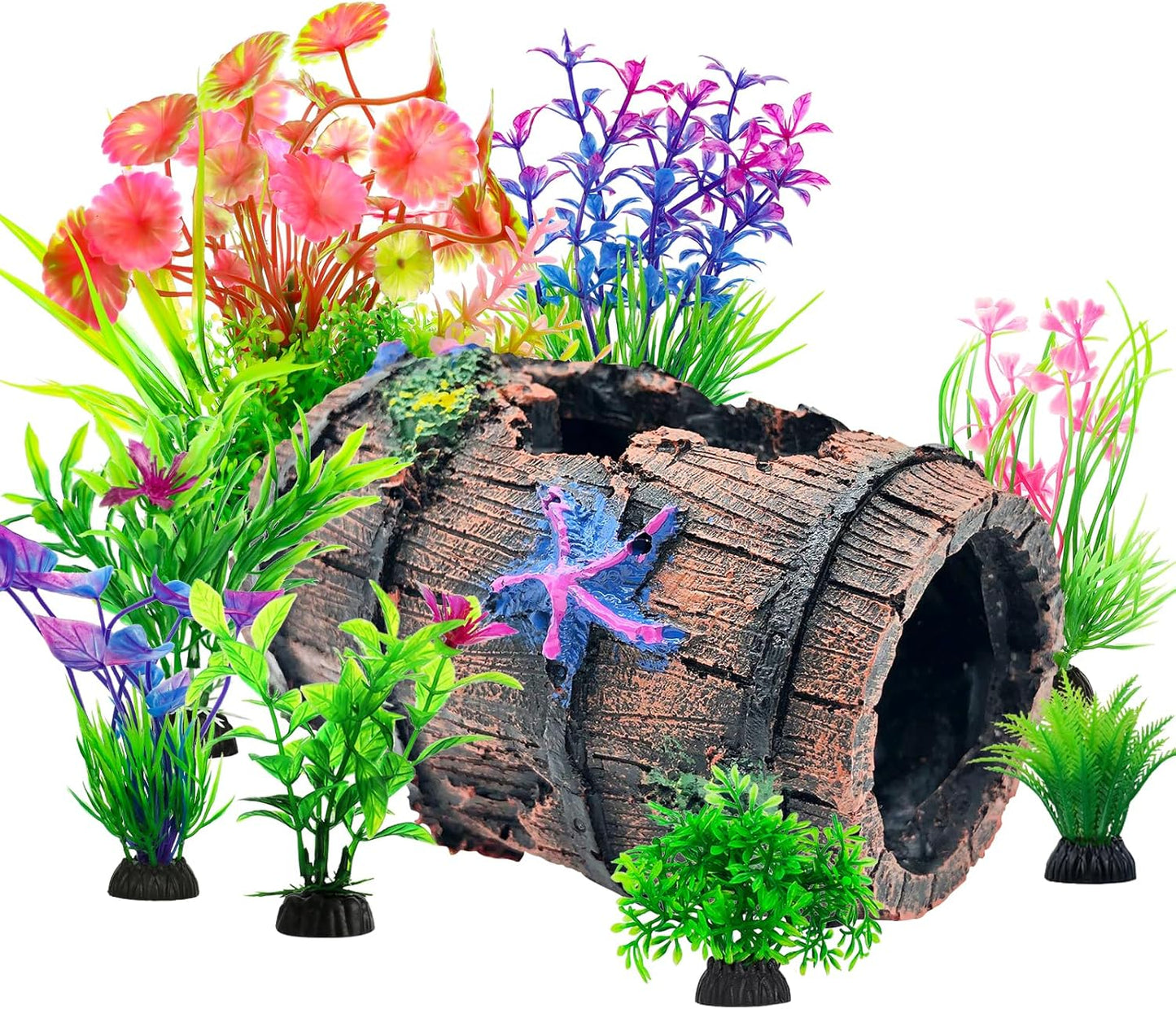 CousDUoBe Fish Broken Barrel Decor Fish Tank Decorations Betta Fish Tank Accessories,Starfish Barrel x 1pc, Aquarium Plants x 8pcs