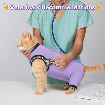 PUMYPOREITY Cat Recovery Suit for Hind Legs, Cat Surgical Spay Suit with Leg Sleeves to Stop Licking, Long Rear Sleeve Wound Cover Abdomen Kitten Onesie, Purple, M