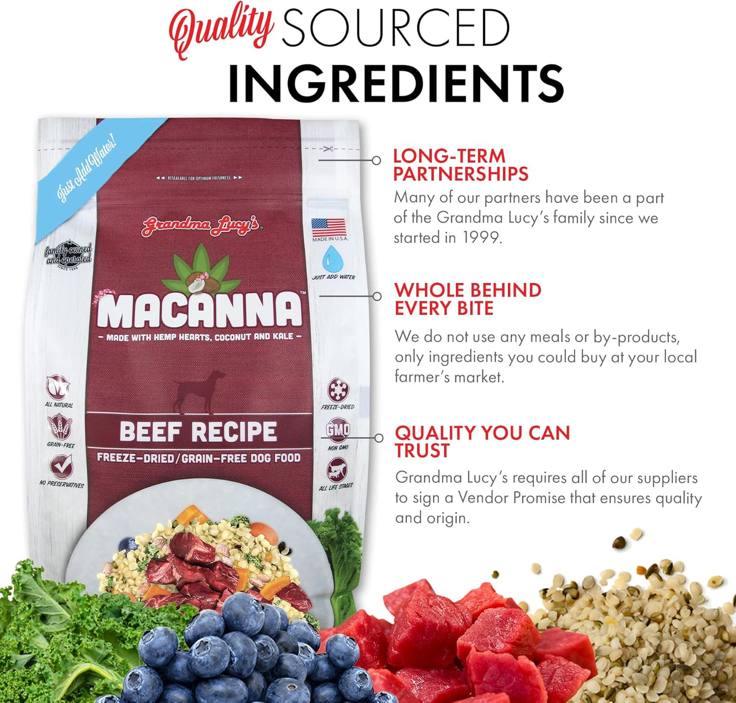 Grandma Lucy’s Macanna Freeze Dried Grain Free Beef Recipe Dog Food 1 Lbs