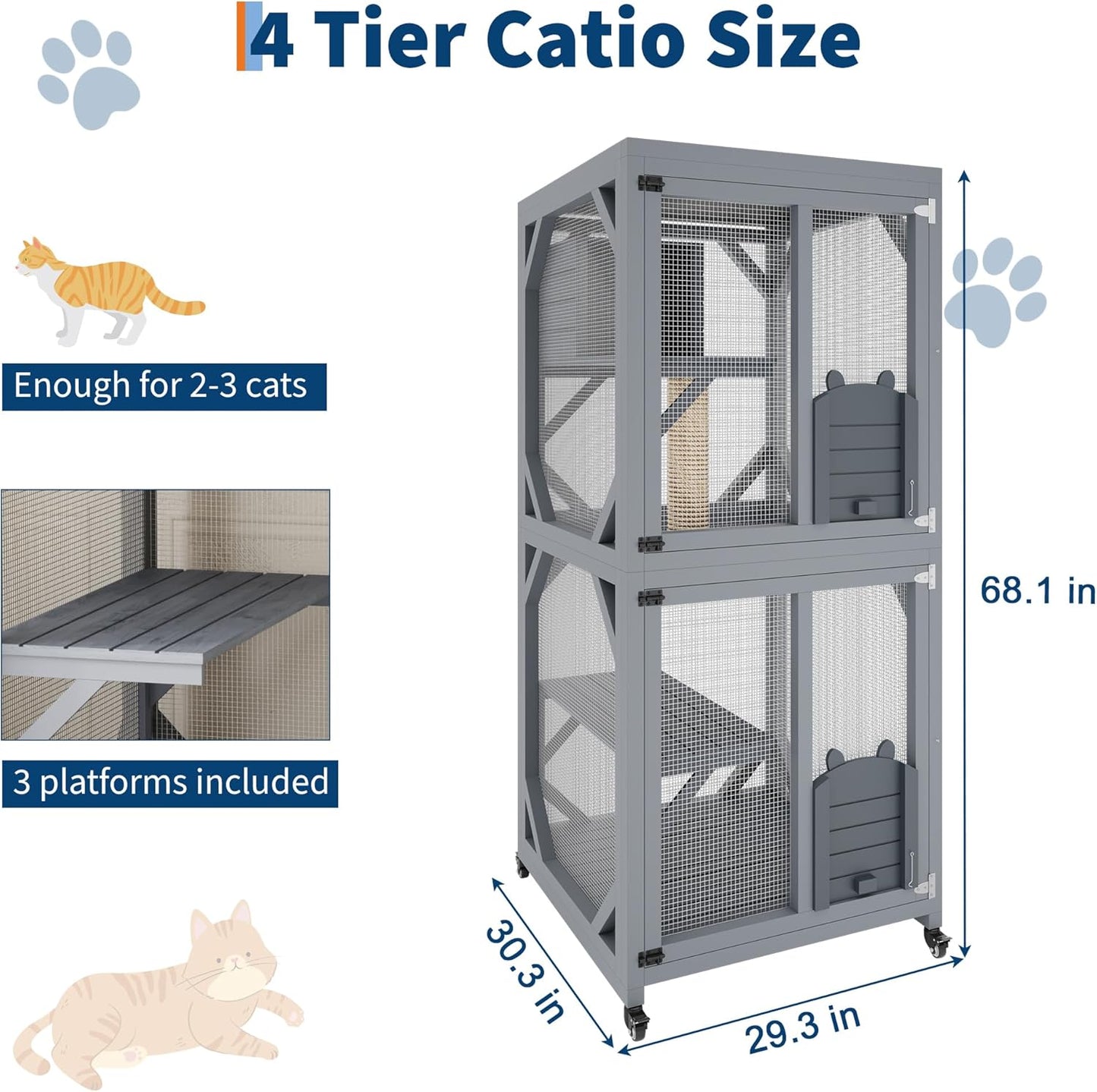 Outdoor Catio Enclosure on Wheel, 68" Large Catio Outdoor Cat Enclosure with Weatherproof Asphalt Roof & Sliding Doors, Wooden Cat Condo Cage Shelter Playpen with Napping House & 4 Jumping Platforms