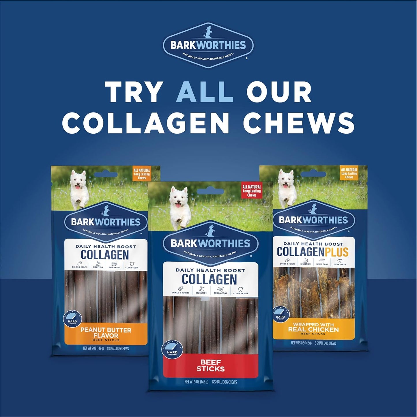 Barkworthies Peanut Butter Collagen Sticks - 6 Inch 8 Count (Pack of 1) - Flavorful, Single Ingredient, Long-Lasting