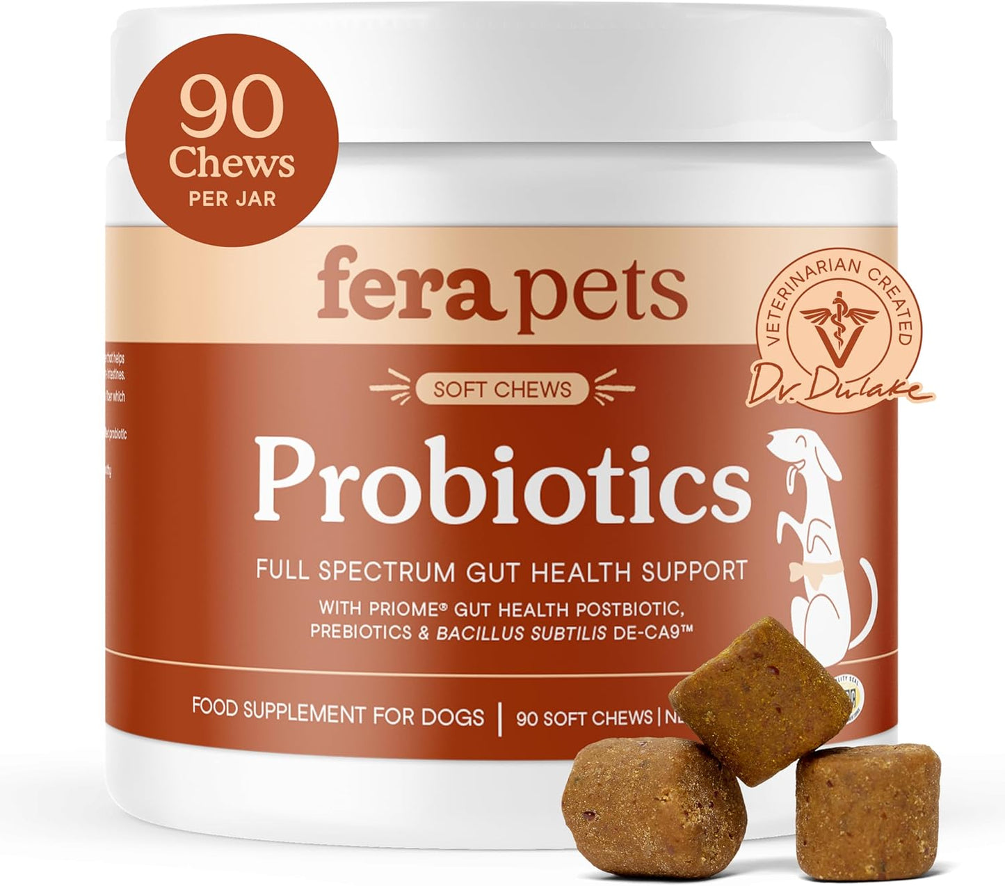 Fera Pets Probiotics for Dogs with Prebiotics and Postbiotics - Full Spectrum Gut Health Support - Promotes a Balanced Gut Microbiome - Boosts Immune Health - 90 Soft Chews