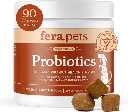 Fera Pets Probiotics for Dogs with Prebiotics and Postbiotics - Full Spectrum Gut Health Support - Promotes a Balanced Gut Microbiome - Boosts Immune Health - 90 Soft Chews
