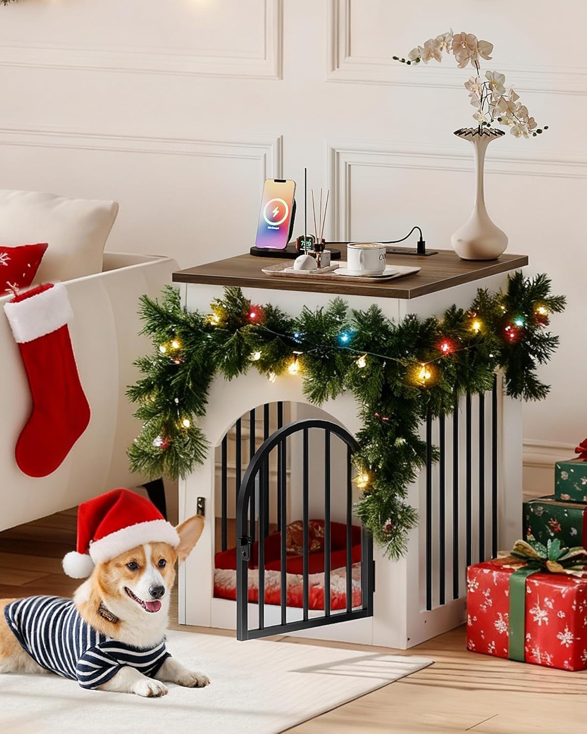 Dog Crate Furniture, Wooden Dog House with Charging Station and Storage Drawer, Indoor Pet Crate End Table for Small Breeds, Dog Kennel for Living Room, Bedroom, White and Walnut MGW01UWL