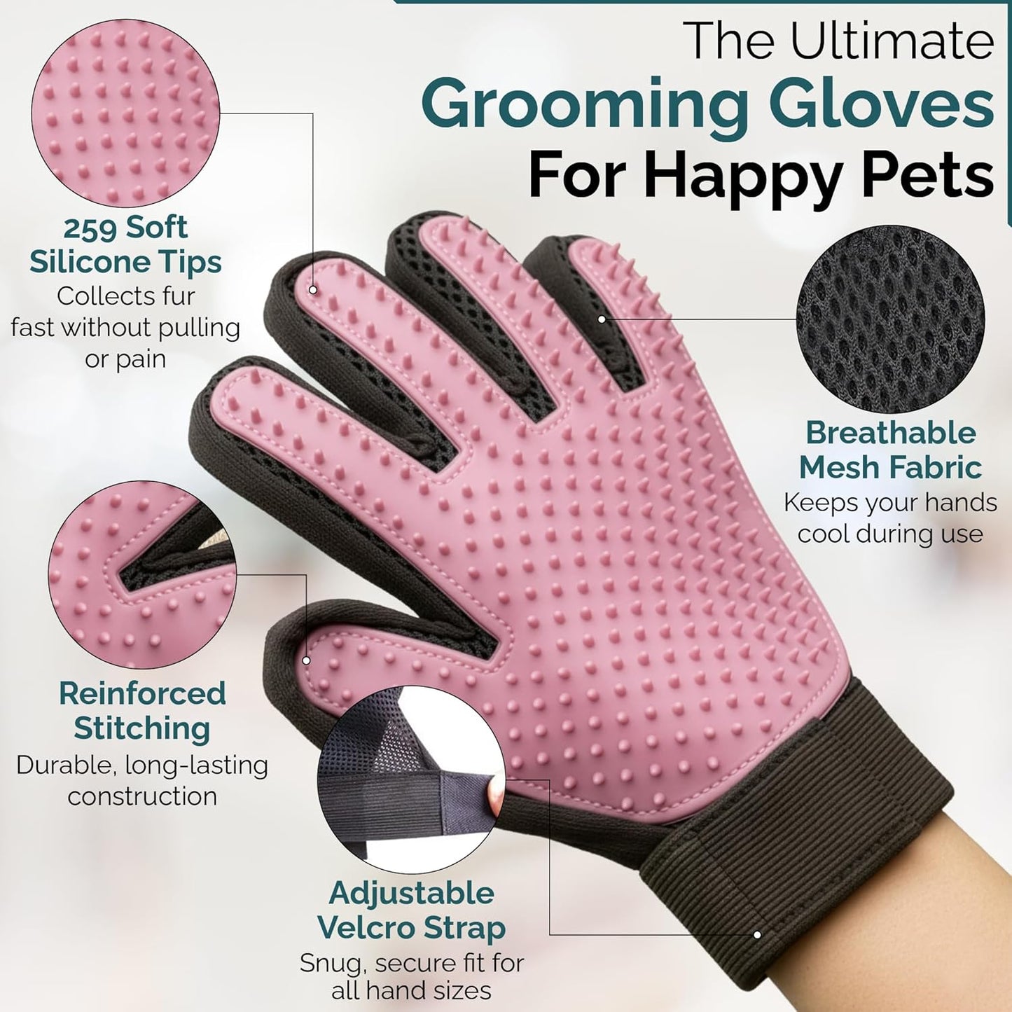 Pet Grooming Gloves for Dogs & Cats – Premium 259-Tip Deshedding & Massage Mitts, Easy-Peel Hair Removal, Adjustable Strap, 1 Pair (Blue/Pink) (Pink)